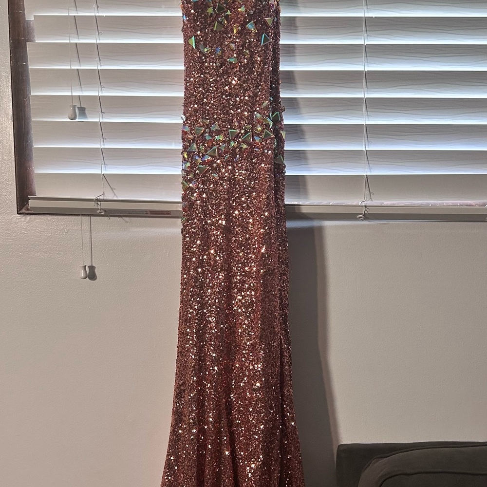 Rose Gold Sequin Evening Gown with Iridescent Gem Accents